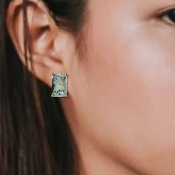 Elegant Silver Emerald Cut BlueWhite Cubic Zirconia Stud Earrings - Picture 3 of 8